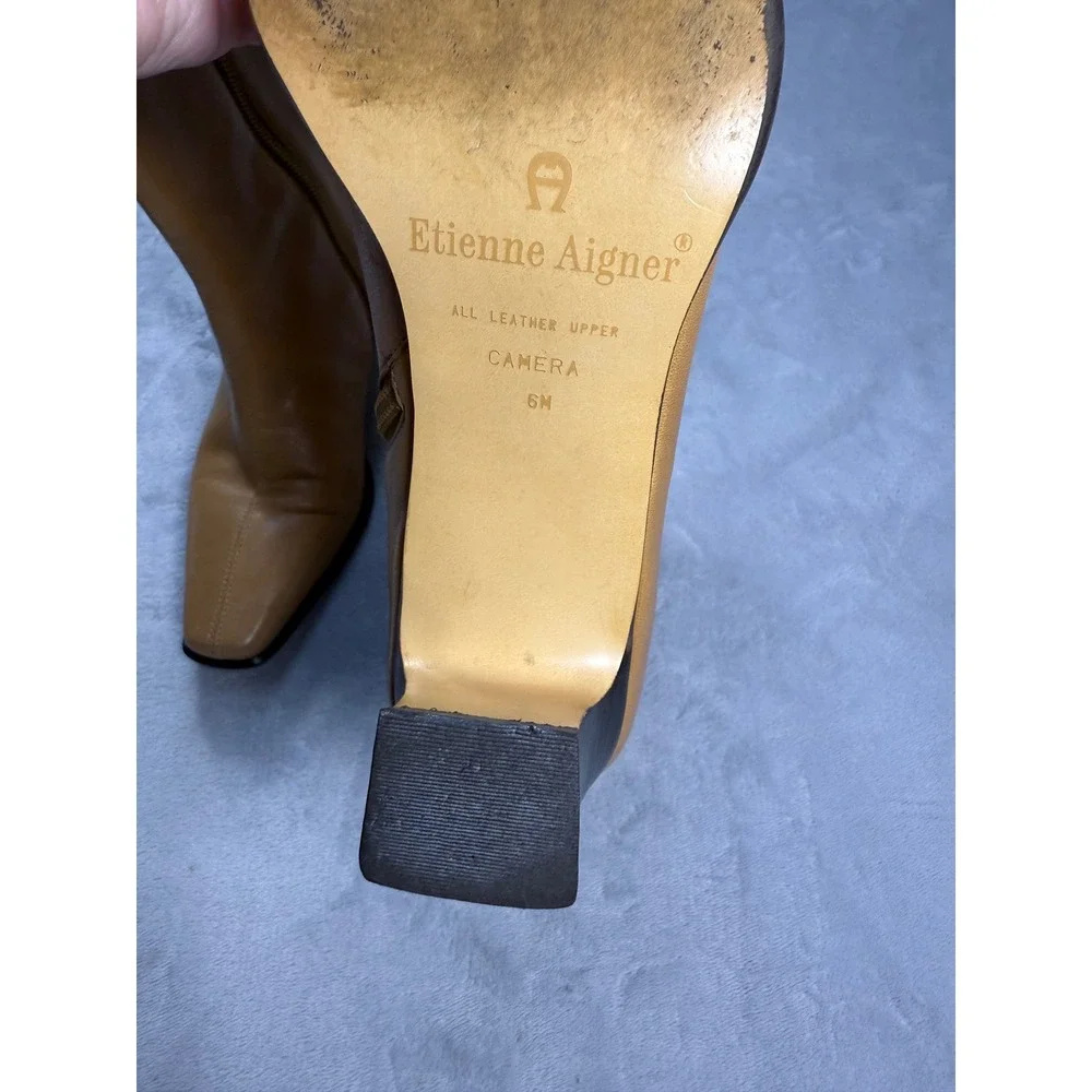 Etienne Aigner Ankle Boots Tan Leather Siz 6M Zip Up Heel‎